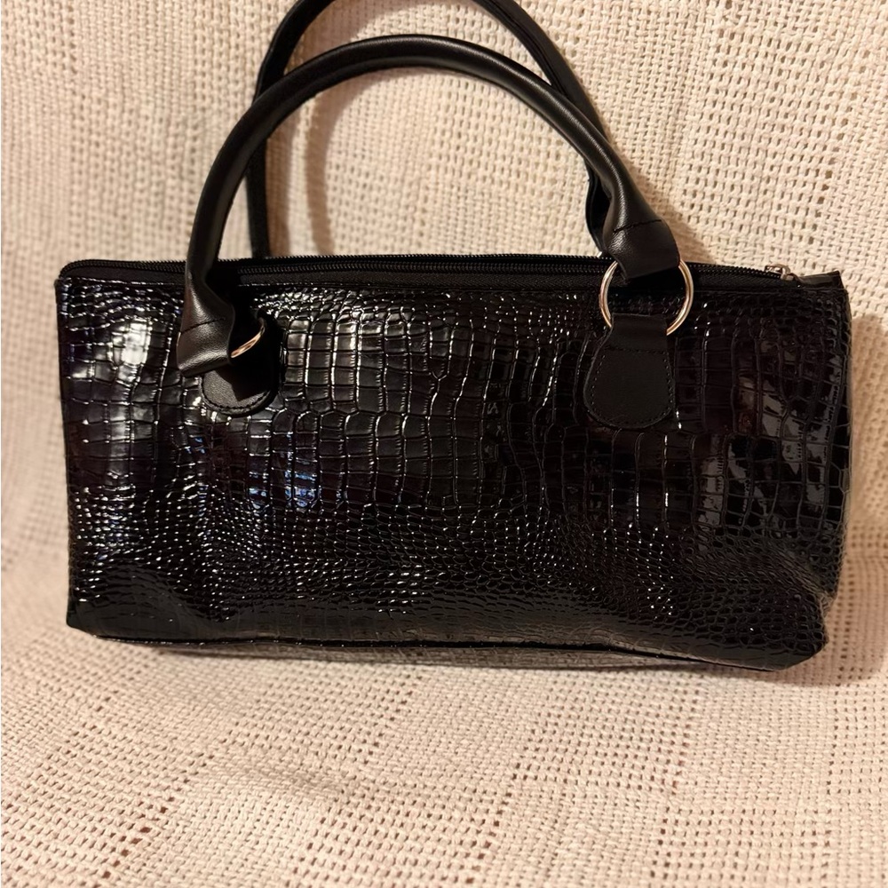 Elegant Black Crocodile-Embossed Handbag